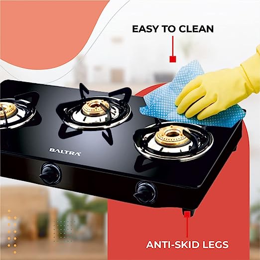 Baltra Glimmer Glass Top Gas Stove 3 Brass Burner Manual Ignition, Black (ISI Certified 2 year warranty with Doorstep Service) Baltra Glimmer Glass Top Gas Stove 3 Brass Burner Manual Ignition, Black (ISI Certified 2 year warranty with Doorstep Service)